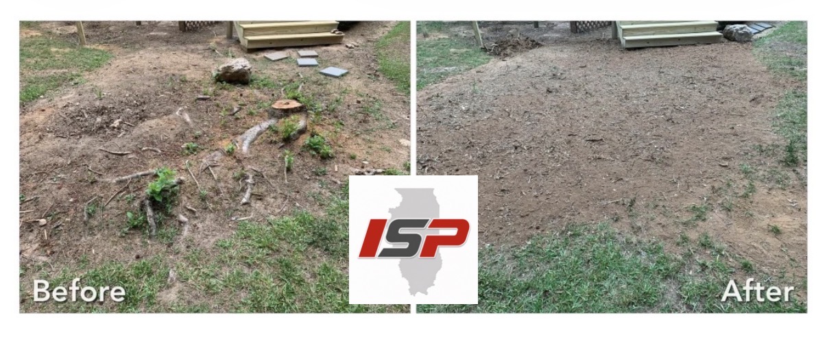 Backyard stump grinding before and after, ground flush and cleared near a patio